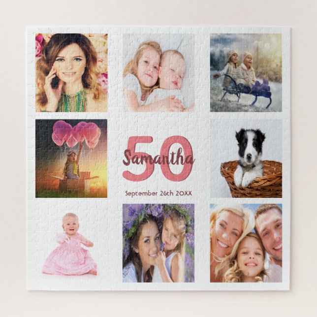 50th birthday photo collage woman white jigsaw puzzle (Vertical)