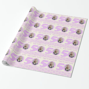 50th Birthday photo damask cream purple wrapping Paper