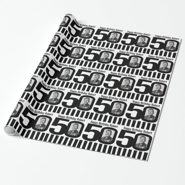 50th Birthday photo fun black and white wrapping Paper (Unrolled)