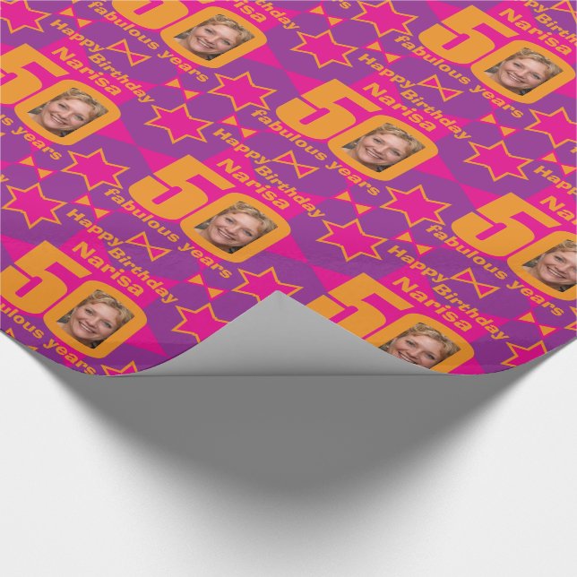 50th Birthday photo fun purple pink gift  Wrapping Paper (Corner)