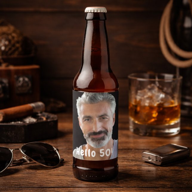 50th birthday photo hello 50 guys men beer bottle label (Creator Uploaded)