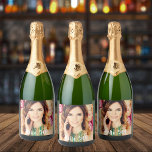 50th birthday photo hello 50 women sparkling wine label<br><div class="desc">Template for Your photo.  White text overlay: Hello 50!  A label for a 50th birthday party for her,  women.</div>