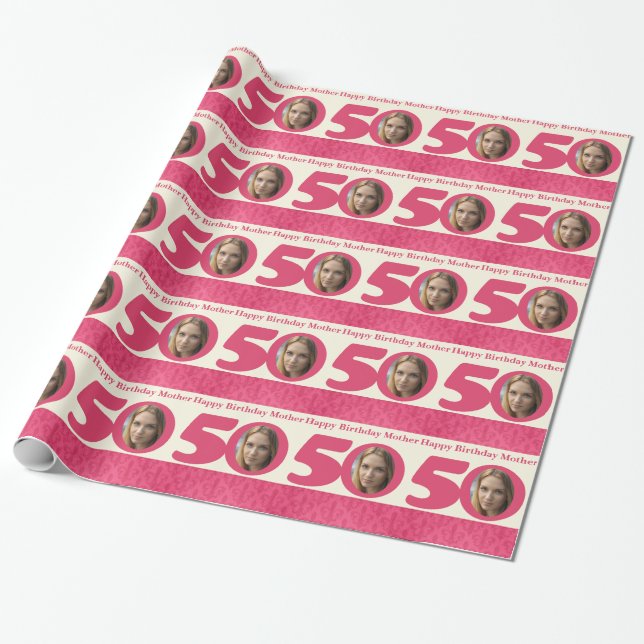 50th Birthday photo mother cream pink wrapping Wrapping Paper (Unrolled)