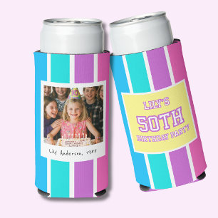 50th Birthday Photo Multicolor Stripe Seltzer Can Cooler