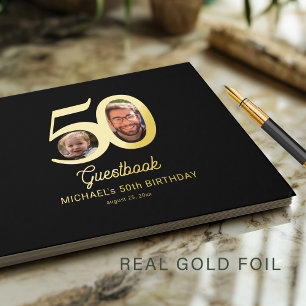 50th Birthday photo name black gold  Guest Book