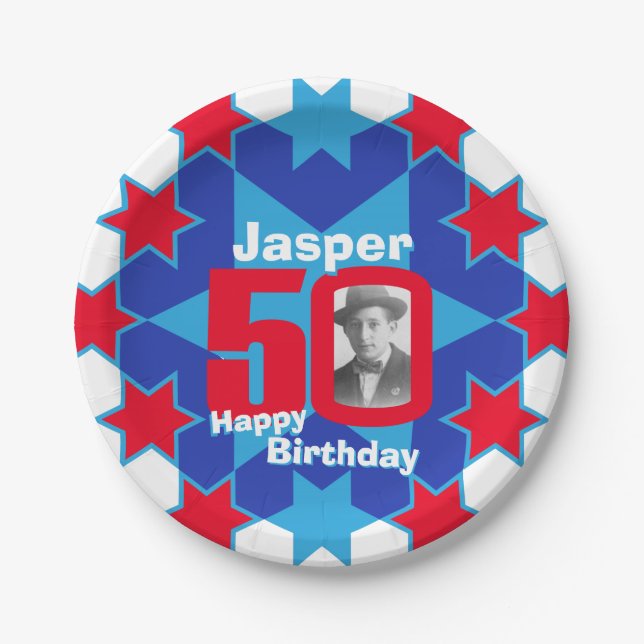 50th birthday photo name blue star paper plate (Front)