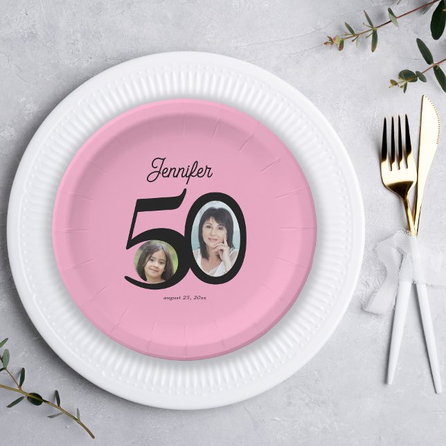 50th Birthday photo name personalised pink black Paper Plate (Creator Uploaded)