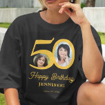 50th Birthday photo name personalised T-Shirt<br><div class="desc">Trendy bold typography 50 years woman birthday funny personalised dark t-shirt template with 2 photos and modern retro style gold script. Easy to customise with your text and pictures.</div>