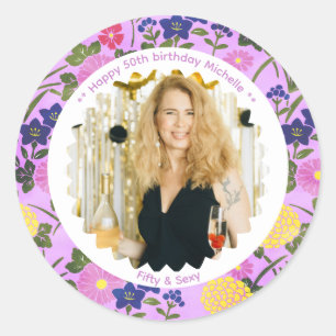 50th birthday photo name pink floral elegant classic round sticker