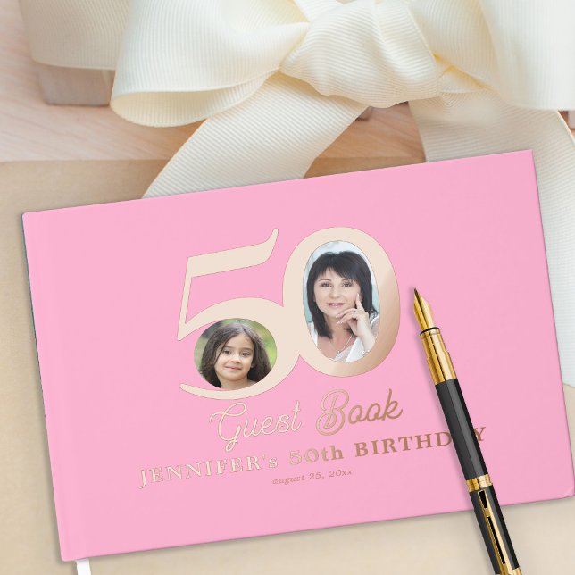 50th Birthday photo name pink rose gold Guest Book (Creator Uploaded)