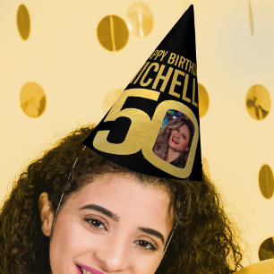 50th birthday photo personalised gold black party hat