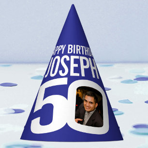 50th birthday photo personalised white blue party hat