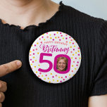 50th birthday photo pink golden yellow confetti 3 cm round badge<br><div class="desc">Bright colourful confetti random dots birthday 50th surprise party button. In deep pink, red, coral, golden yellow and yellow on white. Add your own birthday girl's photo in the centre of the 0 in 50 and customise with your own fiftieth birthday girls name. Other matching items and milestone birthday years...</div>