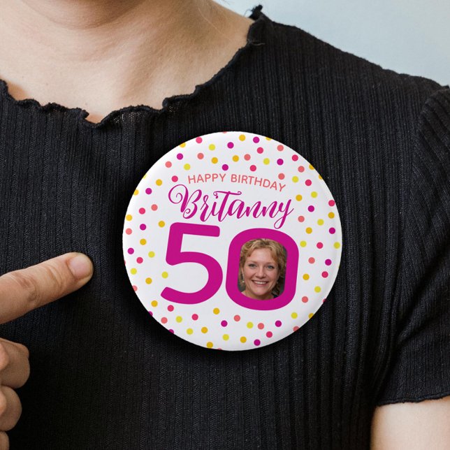 50th birthday photo pink golden yellow confetti 3 cm round badge (Creator Uploaded)