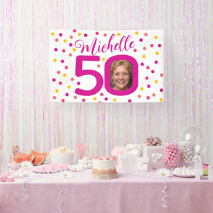 50th birthday photo pink yellow confetti dots banner