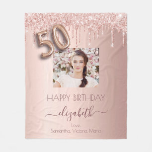 50th birthday photo rose gold glitter pink friends fleece blanket