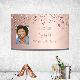 50th birthday photo rose gold pink glittery stars banner