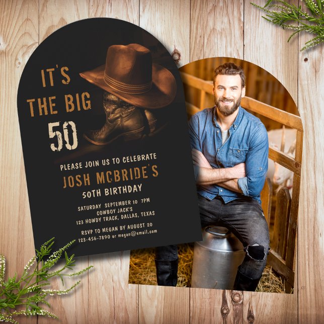 50th Birthday Photo Rustic Cowboy Hat Boots Invitation (Creator Uploaded)