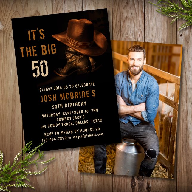 50th Birthday Photo Rustic Cowboy Hat Boots Invitation (Creator Uploaded)