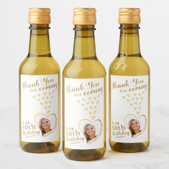 50th Birthday Photo White and Gold Thank You Wine Label (Bottles)
