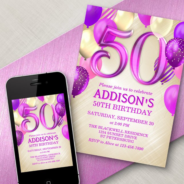 50th Birthday Pink Balloons Invitation (Creator Uploaded)