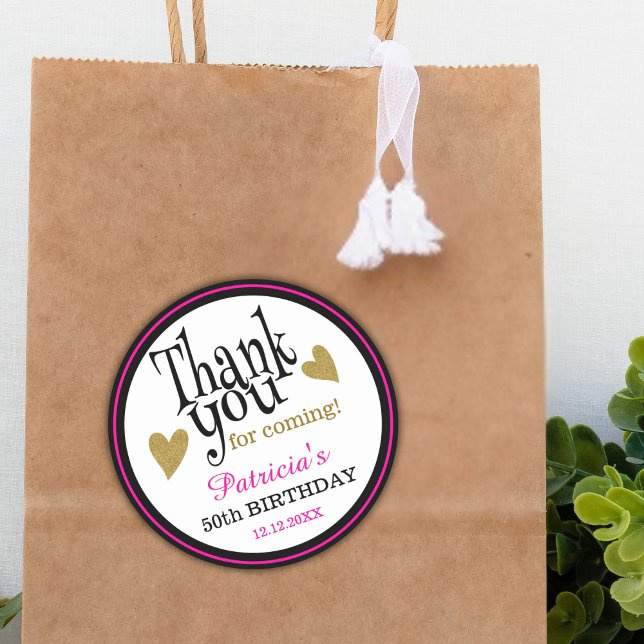 50th Birthday Pink Black And Gold Thank You Favour Classic Round Sticker (Creator Uploaded)