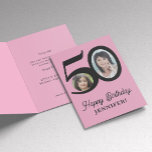 50th birthday pink black photo personalised card<br><div class="desc">Trendy bold typography 50 years woman birthday funny unique folded greeting card template with 2 photos and modern retro style script. Easy to personalise with your text and pictures on both sides. Digital download available.</div>