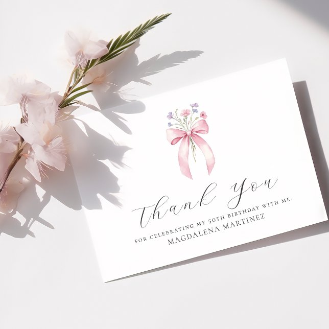 50th Birthday Pink Bow Wildflower Custom Flat Thank You Card (Creator Uploaded)