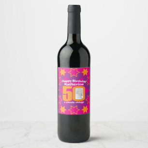 50th birthday pink custom photo name wine labels