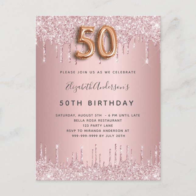 50th Birthday pink dusty rose glitter luxury Invitation Postcard (Front)