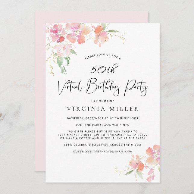 50th Birthday Pink Floral Watercolor Virtual Party Invitation (Front/Back)