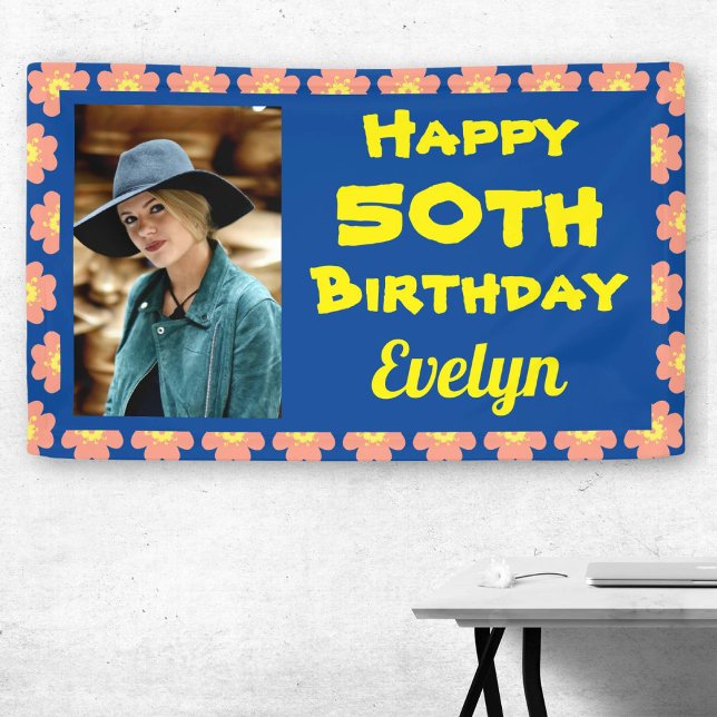 50th Birthday Pink Flower Photo Banner (Creator Uploaded)