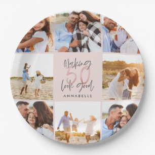 50th birthday pink girly glitter photo collage paper plate