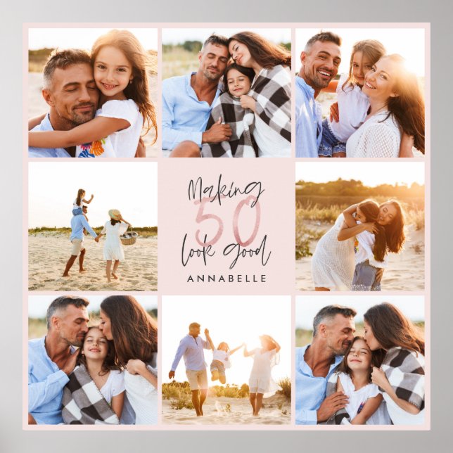 50th birthday pink girly glitter photo collage poster (Front)