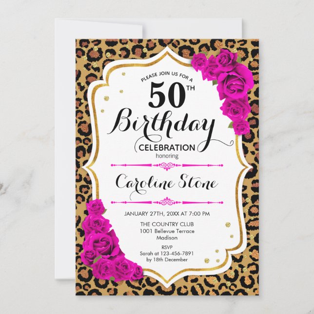 50th Birthday - Pink Gold Leopard Print Invitation (Front)