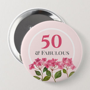 50th Birthday Pink Hydrangea Lacecaps Illustration 10 Cm Round Badge