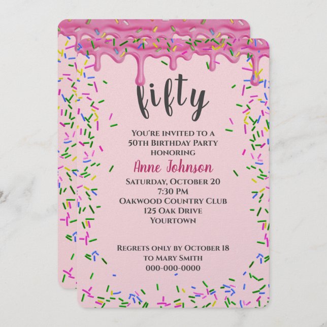 50th Birthday Pink Icing And Sprinkles Invitation (Front/Back)