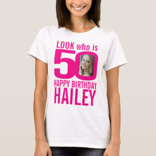 50th birthday pink look 50 custom photo and name T-Shirt