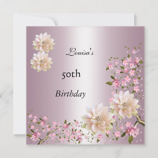 50th Birthday Pink Lotus Blossom Floral Invitation (Front)