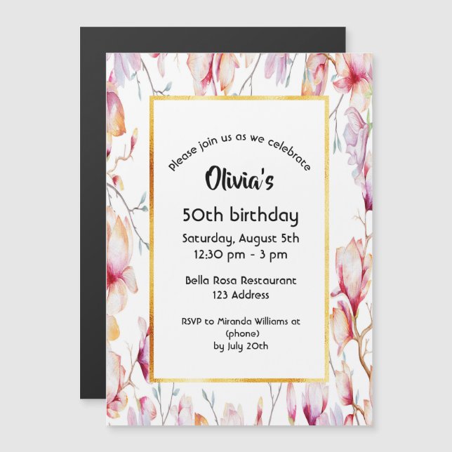 50th birthday pink magnolia florals white gold magnetic invitation (Front/Back)