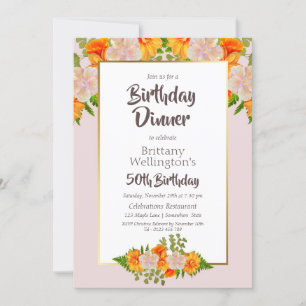 50th Birthday Pink Orange Gold Floral Party Invitation