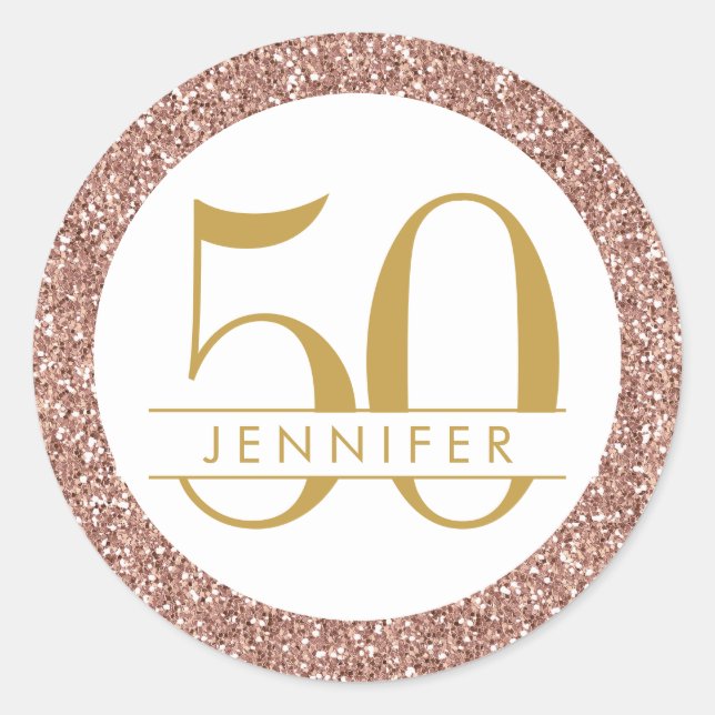 50th Birthday Pink Personalised Rose Gold Glitter Classic Round Sticker (Front)