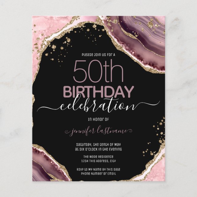 50th Birthday Pink Purple Agate Budget Invitation (Front)