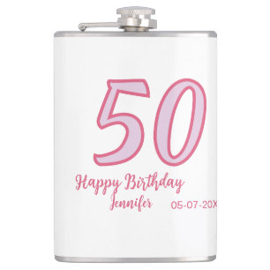 50th birthday pink purple bold name simple minimal hip flask