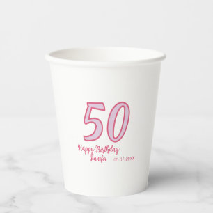 50th birthday pink purple bold name simple minimal paper cups