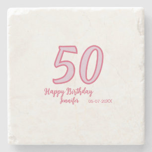 50th birthday pink purple bold name simple minimal stone coaster