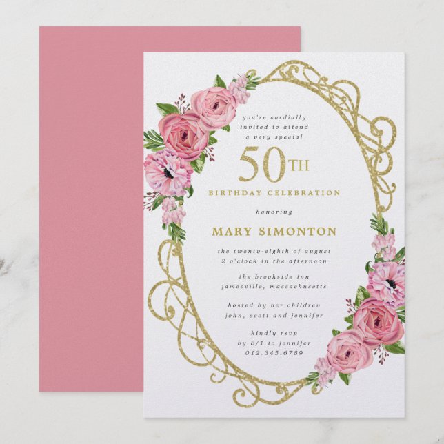 50th Birthday Pink Rose Floral Gold Invitation (Front/Back)