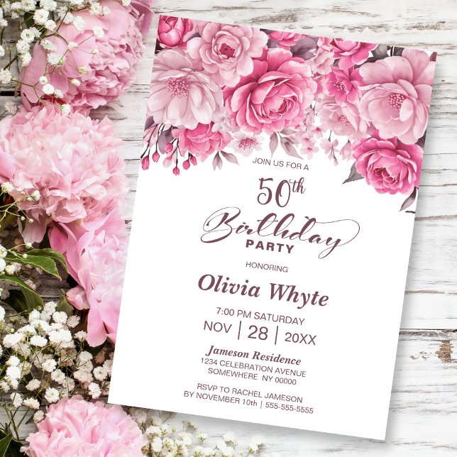 50th Birthday Pink Rose Floral Party Invitation (Creator Uploaded)