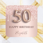 50th birthday pink rose gold drips square sticker<br><div class="desc">Elegant, classic, glamourous and girly for a 50th birthday party. Rose gold and blush pink, gradient background. Decorated with rose gold, pink drips, paint dripping look. Personalise and add a name. With the text: Happy Birthday. The text is written with a modern dark rose coloured hand lettered style script. Number...</div>