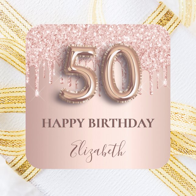 50th birthday pink rose gold drips square sticker (Creator Uploaded)